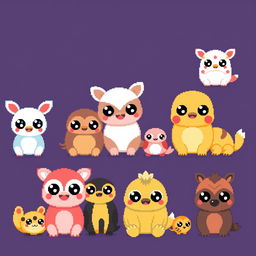 Pixelated kawaii animals featuring cute and adorable creatures with big eyes, rounded shapes, and vibrant colors in a pixel art style