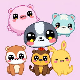 Pixelated kawaii animals featuring cute and adorable creatures with big eyes, rounded shapes, and vibrant colors in a pixel art style