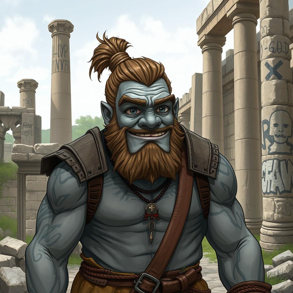 A grey-skinned Goliath with a man bun, looking silly and chilled out, but also unaware of his surroundings