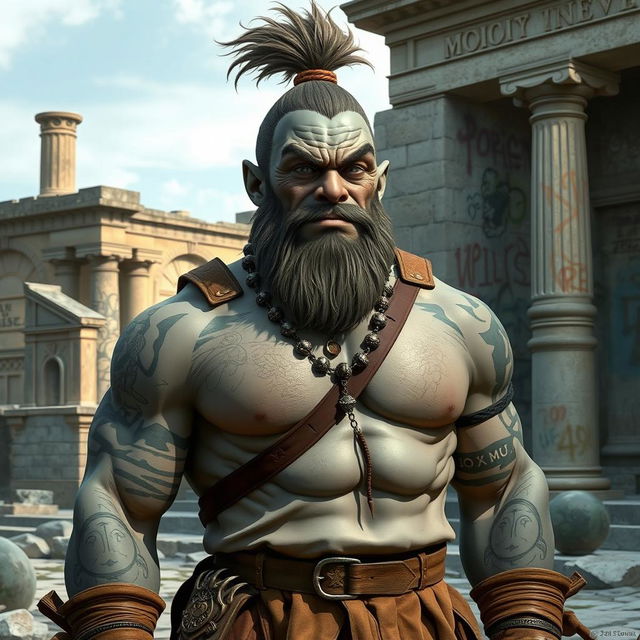 A grey-skinned Goliath with a man bun, looking silly and chilled out, but also unaware of his surroundings