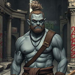 A grey-skinned Goliath with a man bun, looking silly and chilled out, but also unaware of his surroundings