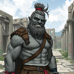 A grey-skinned Goliath with a man bun, looking silly and chilled out, but also unaware of his surroundings