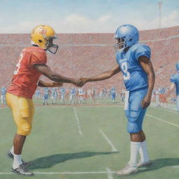 Football players showing sportsmanship, smiling, giving handshakes, and friendly taps on each other's backs, all depicted as a vibrant color pencil drawing on a detailed football field under a clear sky.