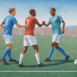 Soccer players showing sportsmanship, smiling, giving handshakes, and friendly taps on each other's backs, all depicted as a vibrant color pencil drawing on a detailed soccer field under a clear blue sky.