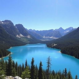 A beautiful landscape featuring a serene lake surrounded by mountains and lush forests under a clear blue sky