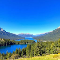 A beautiful landscape featuring a serene lake surrounded by mountains and lush forests under a clear blue sky