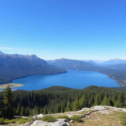 A beautiful landscape featuring a serene lake surrounded by mountains and lush forests under a clear blue sky