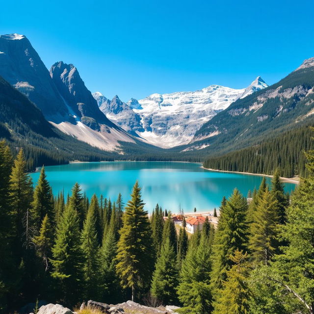 A beautiful landscape featuring a serene lake surrounded by mountains and lush forests under a clear blue sky