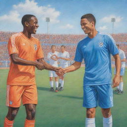 Soccer players showing sportsmanship, smiling, giving handshakes, and friendly taps on each other's backs, all depicted as a vibrant color pencil drawing on a detailed soccer field under a clear blue sky.