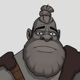 A grey-skinned Goliath with a man bun, looking silly and chilled out