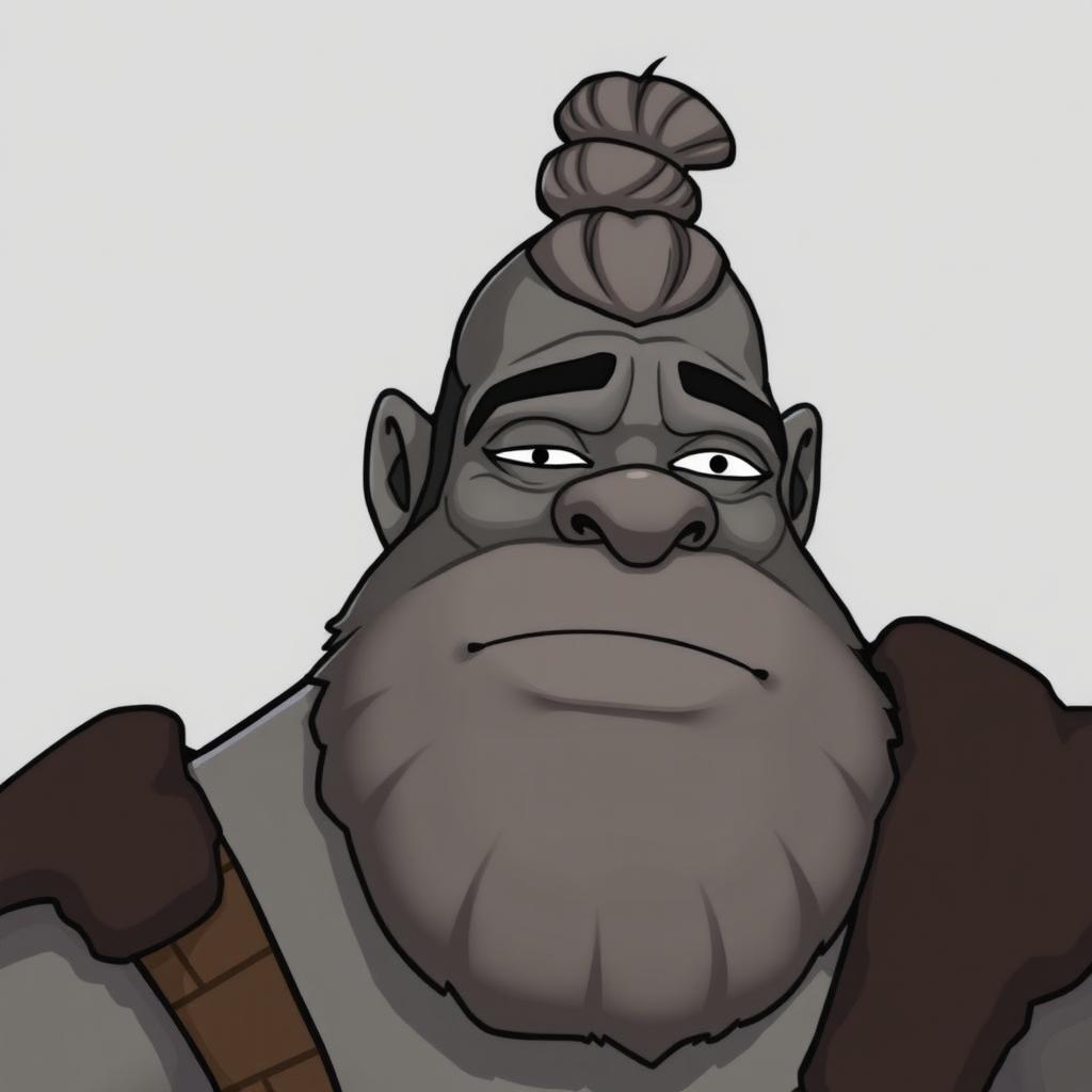 A grey-skinned Goliath with a man bun, looking silly and chilled out