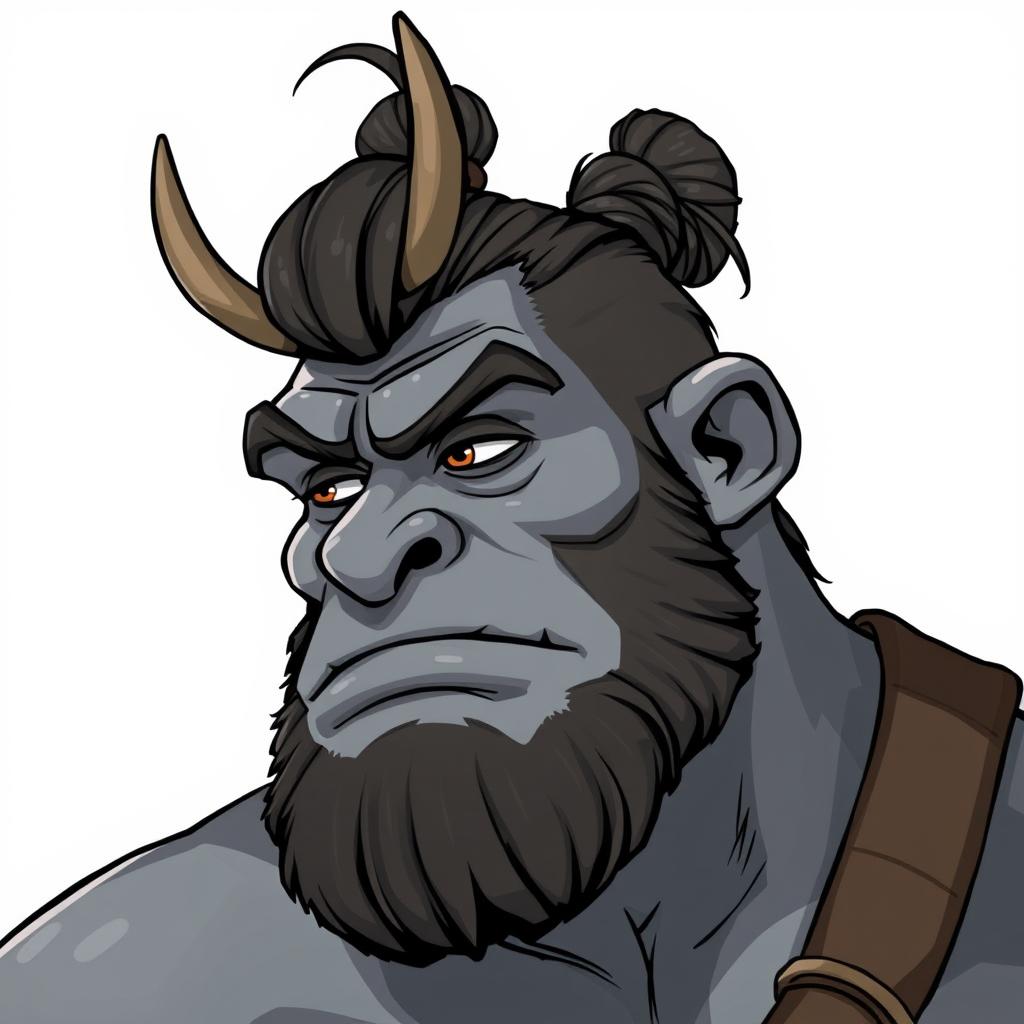 A grey-skinned Goliath with a man bun, looking silly and chilled out