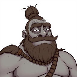 A grey-skinned Goliath with a man bun, looking silly and chilled out