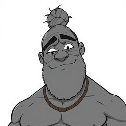 A grey-skinned Goliath with a man bun, looking silly and chilled out