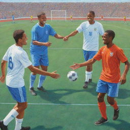 Soccer players showing sportsmanship, smiling, giving handshakes, and friendly taps on each other's backs, all depicted as a vibrant color pencil drawing on a detailed soccer field under a clear blue sky.
