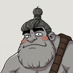 A grey-skinned Goliath with a man bun, looking silly and chilled out