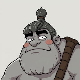 A grey-skinned Goliath with a man bun, looking silly and chilled out