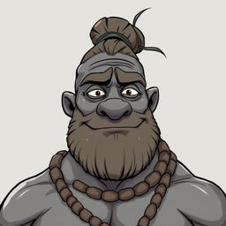 A grey-skinned Goliath with a man bun, looking silly and chilled out