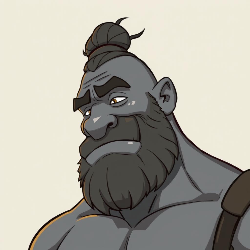 A grey-skinned Goliath with a man bun, looking silly and chilled out