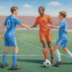 Soccer players showing sportsmanship, smiling, giving handshakes, and friendly taps on each other's backs, all depicted as a vibrant color pencil drawing on a detailed soccer field under a clear blue sky.