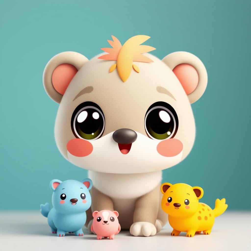 Create kawaii animals that are cute and adorable, featuring big eyes, rounded shapes, and vibrant colors