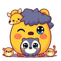 Create kawaii animals that are cute and adorable, featuring big eyes, rounded shapes, and vibrant colors