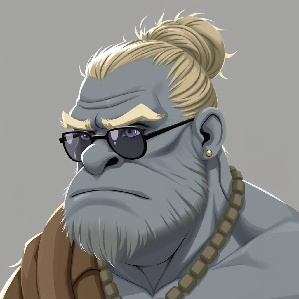 A grey-skinned Goliath with a man bun, looking like a chilled-out bro