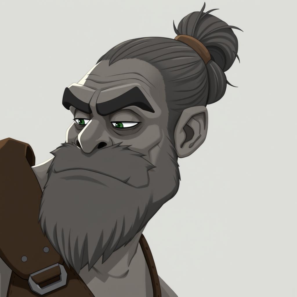 A grey-skinned Goliath with a man bun, looking like a chilled-out bro