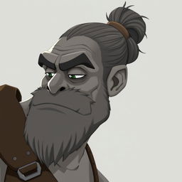 A grey-skinned Goliath with a man bun, looking like a chilled-out bro