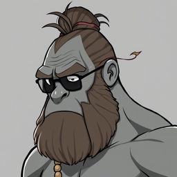 A grey-skinned Goliath with a man bun, looking like a chilled-out bro