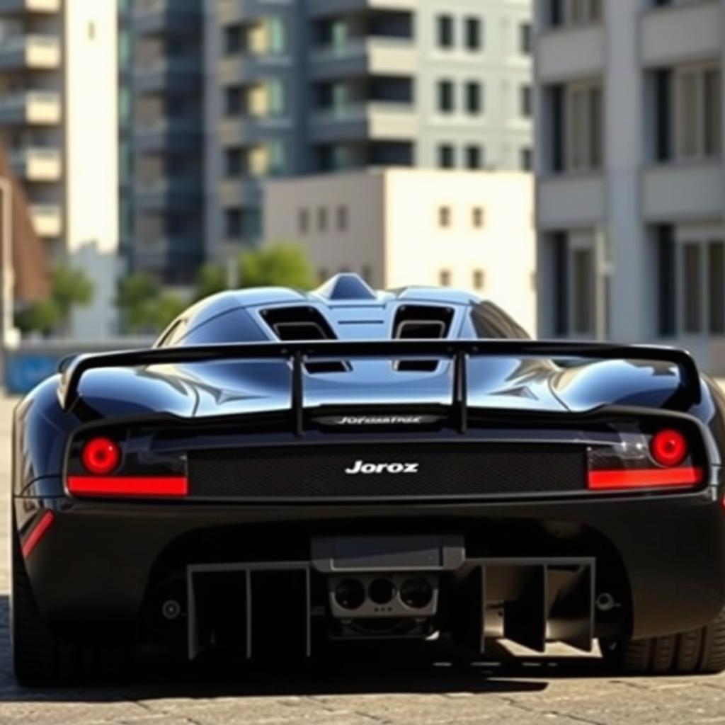 A large hypercar from 2004, painted in black, named Joroz