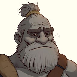 A grey-skinned Goliath with a man bun, looking like a chilled-out bro