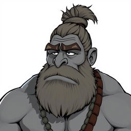 A grey-skinned Goliath with a man bun, looking like a chilled-out bro