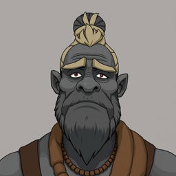 A grey-skinned Goliath with a man bun, looking like a chilled-out bro