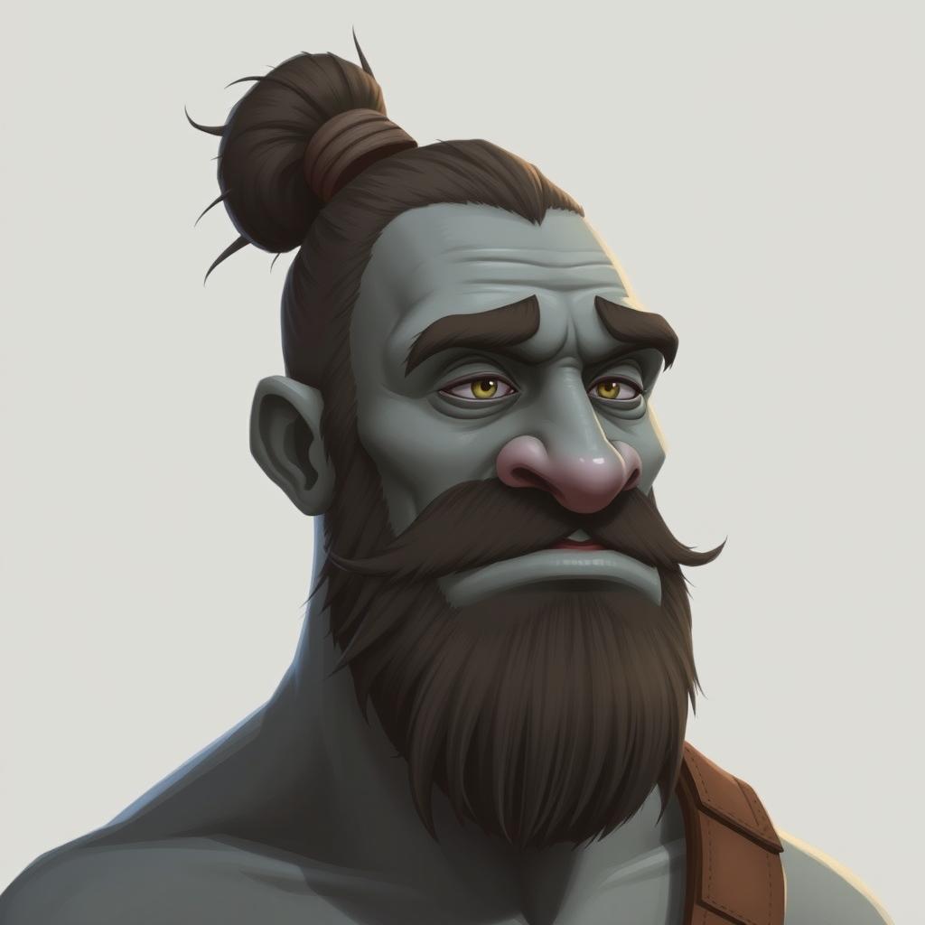 A realistic depiction of a grey-skinned Goliath with a man bun, looking like a chilled-out bro