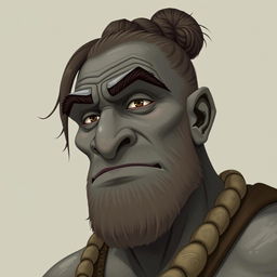 A realistic depiction of a grey-skinned Goliath with a man bun, looking like a chilled-out bro