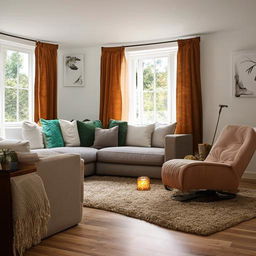 A warm, inviting living room with a comfortable sofa, plush throw pillows, a cozy lounge chair, soft lighting, and stylish decor accents