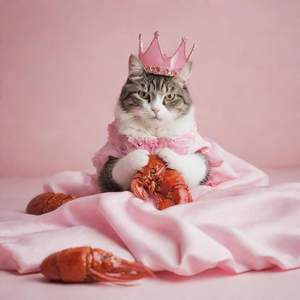 A cat in a dress and crown eating a lobster on a pink bed