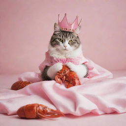 A cat in a dress and crown eating a lobster on a pink bed