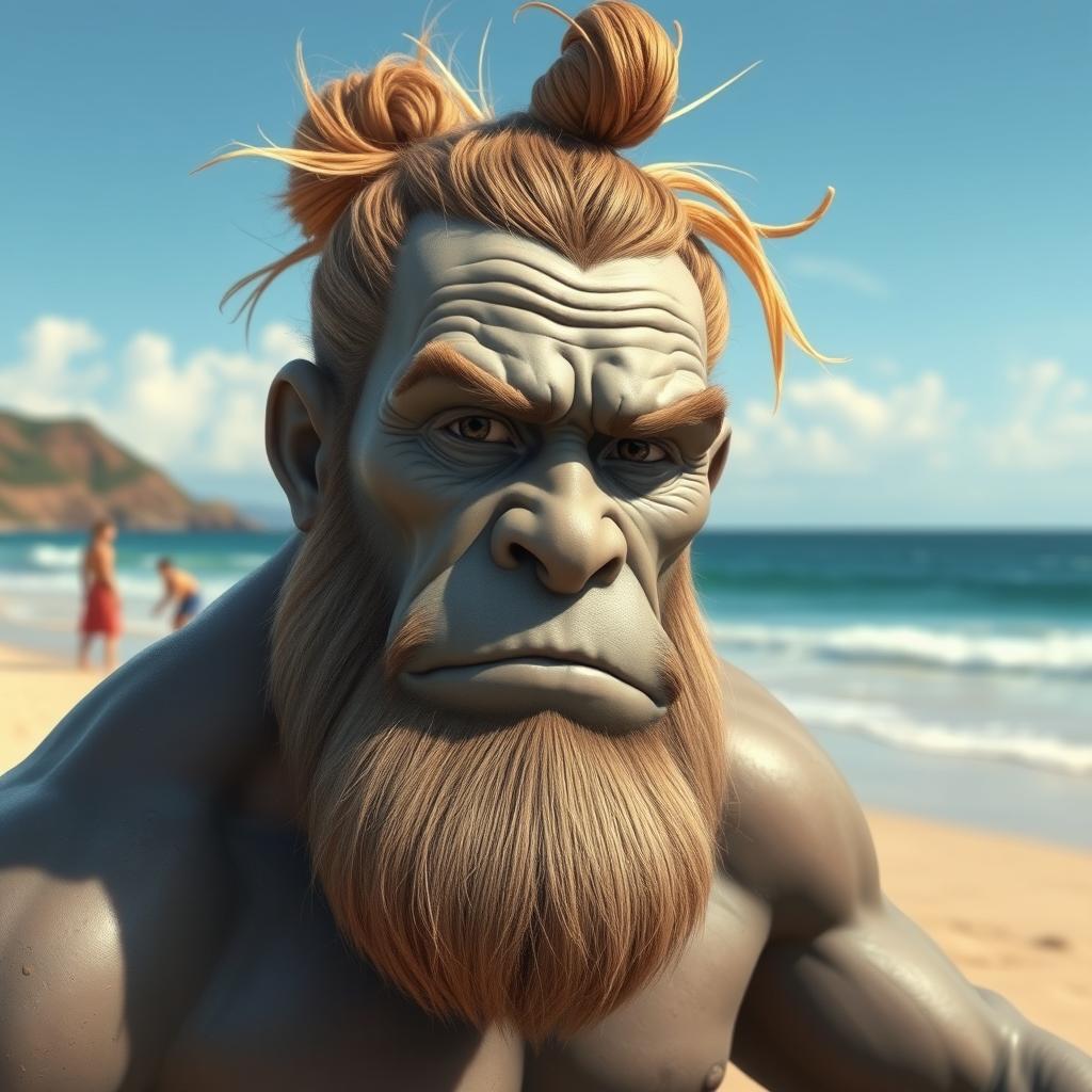 A realistic depiction of a grey-skinned Goliath with a man bun, looking like a chilled-out surfer bro