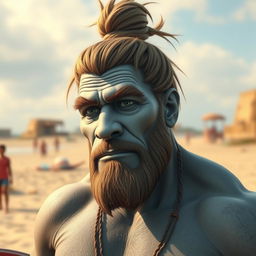 A realistic depiction of a grey-skinned Goliath with a man bun, looking like a chilled-out surfer bro