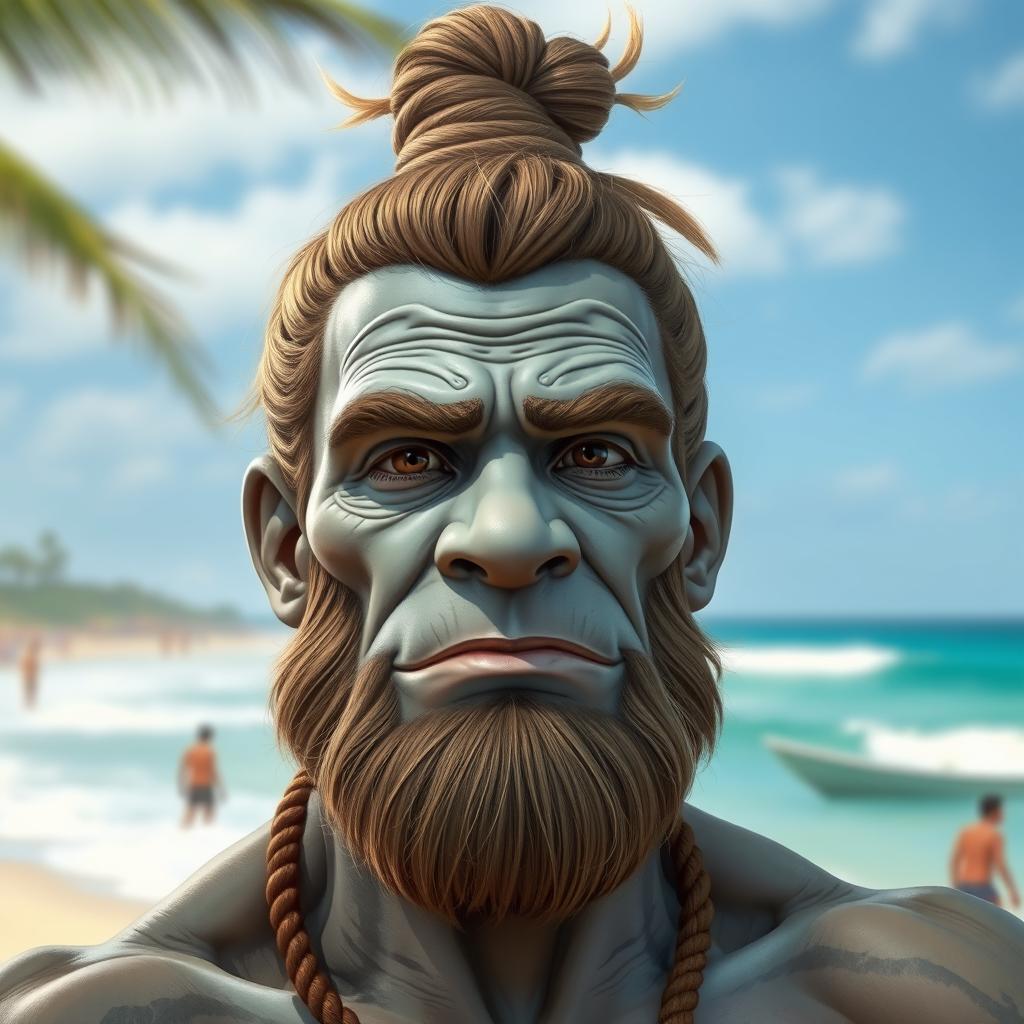 A realistic depiction of a grey-skinned Goliath with a man bun, looking like a chilled-out surfer bro