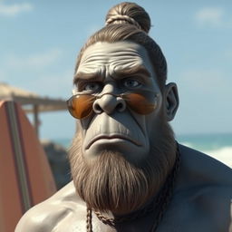 A realistic depiction of a grey-skinned Goliath with a man bun, looking like a chilled-out surfer bro