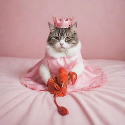 A cat in a dress and crown eating a lobster on a pink bed