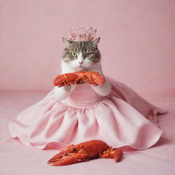 A cat in a dress and crown eating a lobster on a pink bed