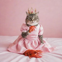 A cat in a dress and crown eating a lobster on a pink bed