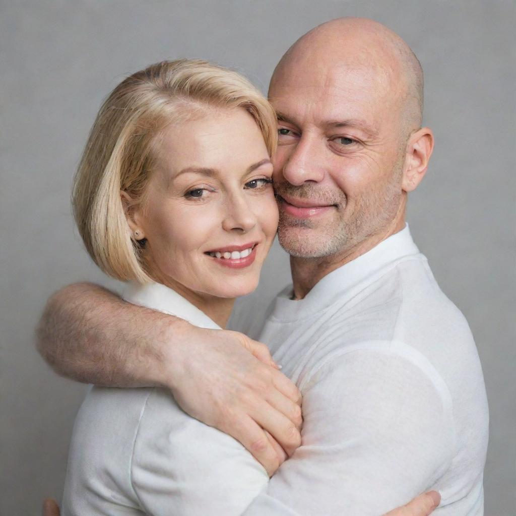 A bald man hugging a blonde woman with a bob haircut