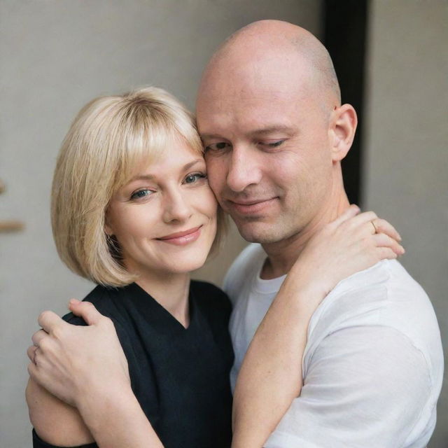 A bald man hugging a blonde woman with a bob haircut