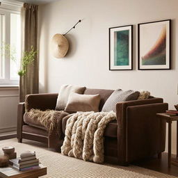 A warm, inviting living room with a comfortable sofa, plush throw pillows, a cozy lounge chair, soft lighting, and stylish decor accents