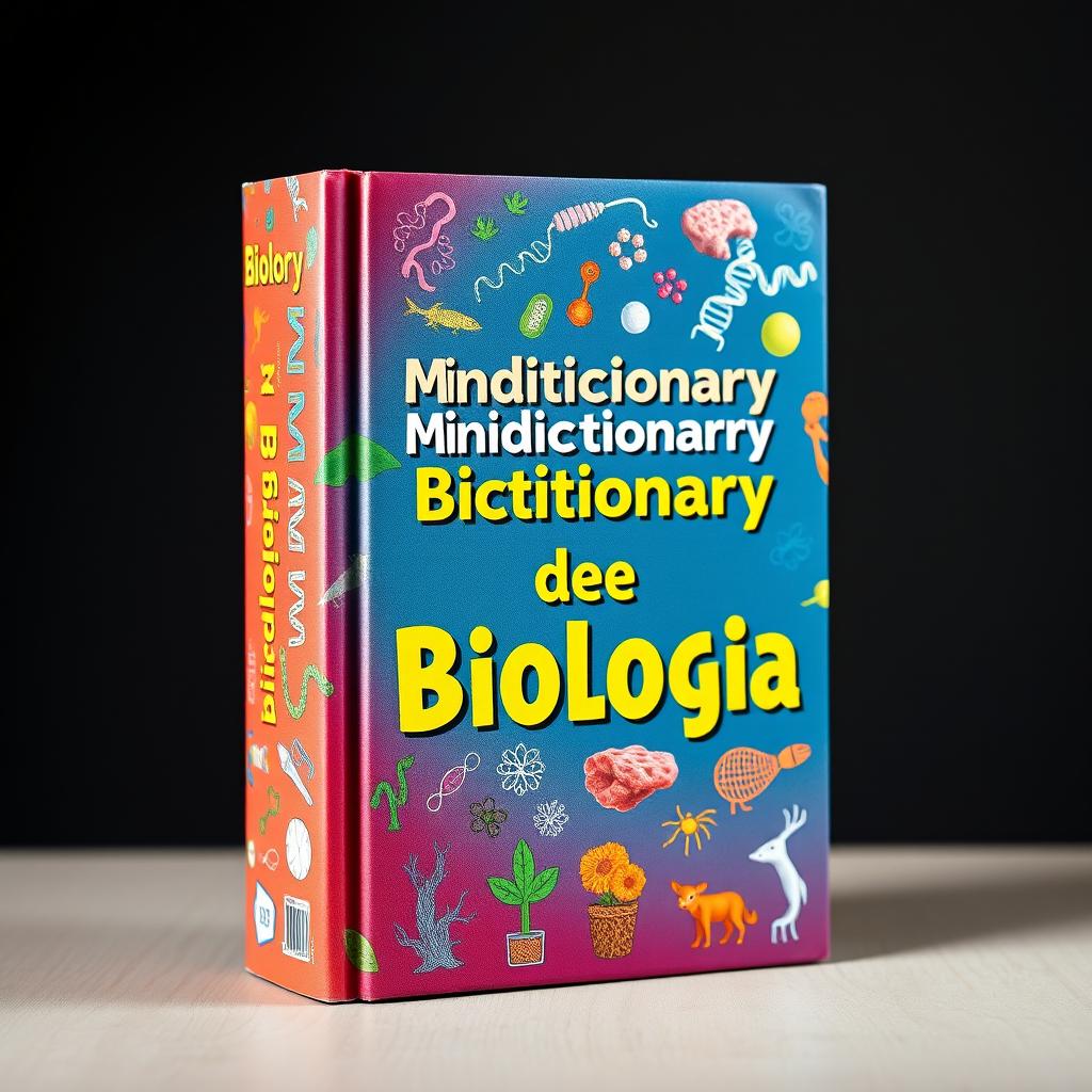 A vibrant and educational book cover for a mini dictionary of biology